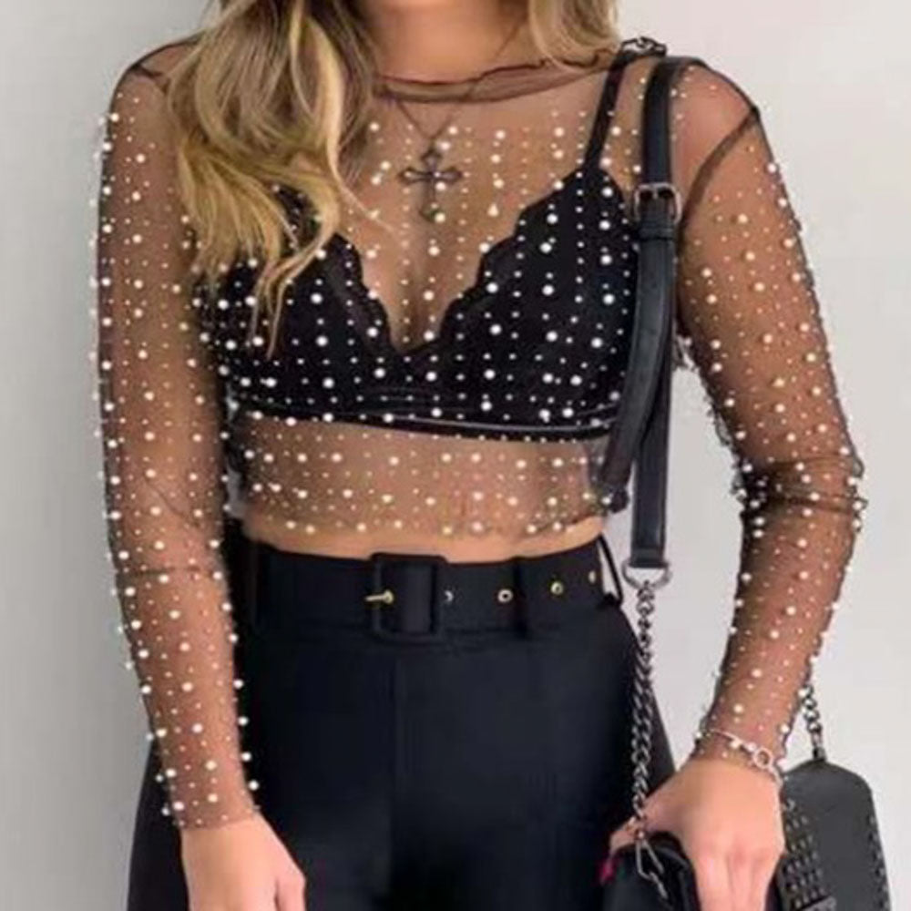 Pearl Rhinestone Mesh Top